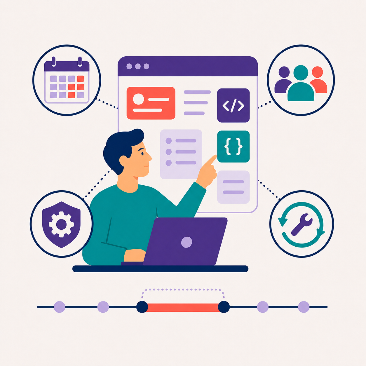 Engineer working with software components, calendar, team, security and maintenance symbols